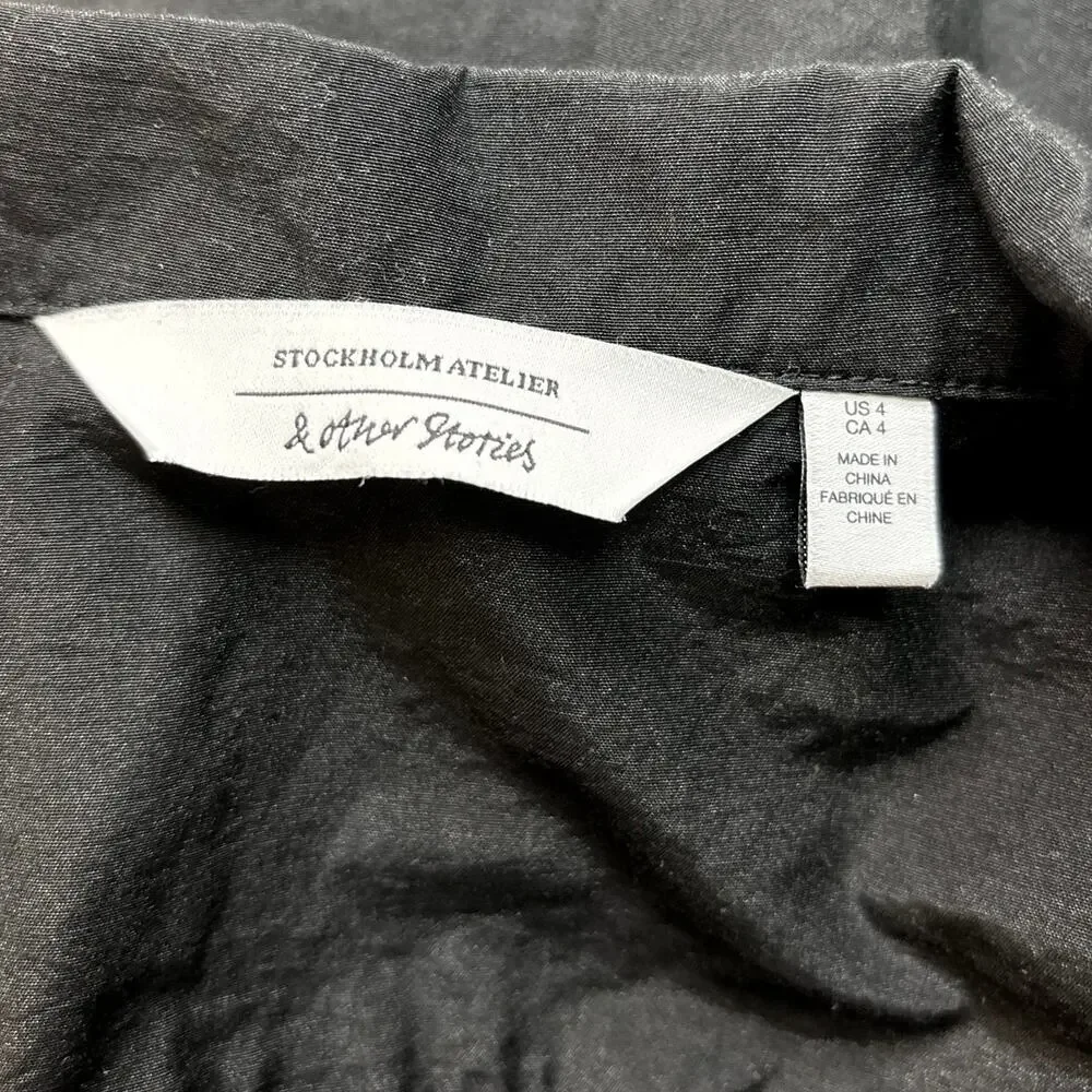 & Other Stories Black Button Down Short Sleeve Collar Pockets Shirt Dress Size 4 - Picture 7 of 8